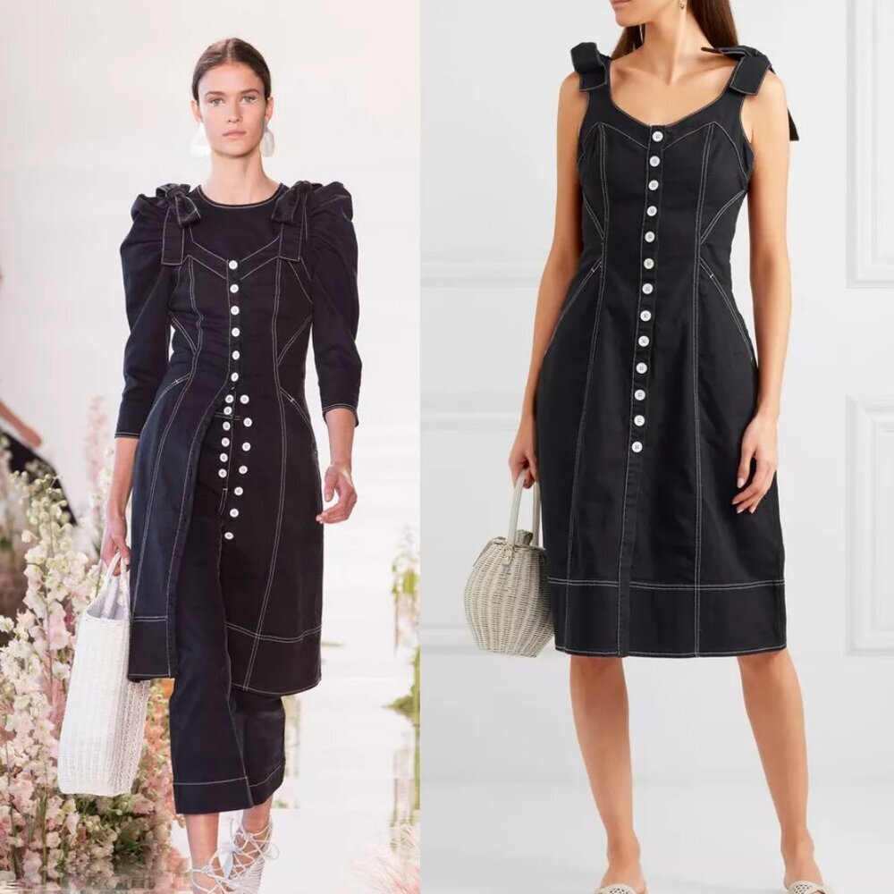 Ulla Johnson Emory Denim Bow Tie Button Front Dress in Black 6